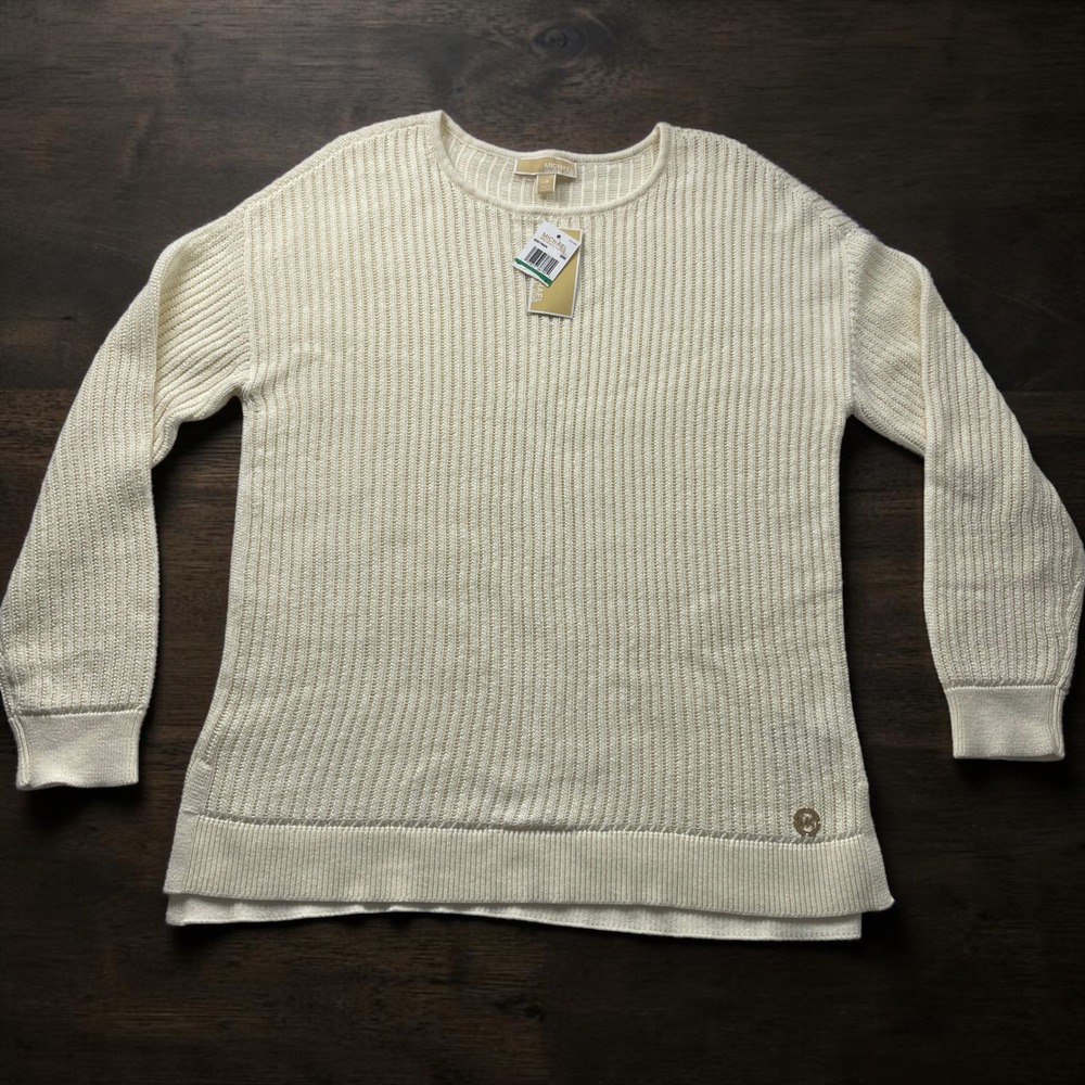 Michael Kors Bone White Ribbed Knit Sweater Long Sleeve Crew Neck QR5617MAP6 L